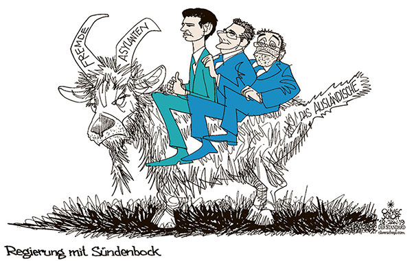 Oliver Schopf, politischer Karikaturist aus Österreich, politische Karikaturen aus Österreich, Karikatur Cartoon Illustrationen Politik Politiker Österreich 2019 : REGIERUNG KOALITION TÜRKIS BLAU KURZ STRACHE KICKL SÜNDENBOCK AUSLÄNDER FLÜCHTLINGEN ASYL FREMDE REITEN
