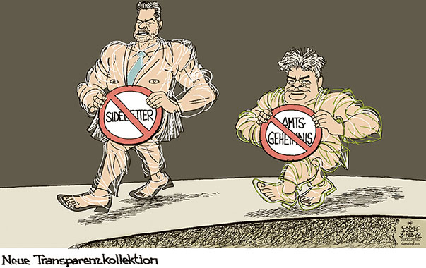 Oliver Schopf, politischer Karikaturist aus Österreich, politische Karikaturen aus Österreich, Karikatur Cartoon Illustrationen Politik Politiker Österreich 2022: REGIERUNG KOALITION ÖVP GRÜNE NEHAMMER KOGLER TRANSPARENZ SIDELETTER AMTSGEHEIMNIS MODESCHAU LAUFSTEG CATWALK TRANSPARENTE KLEIDUNG




