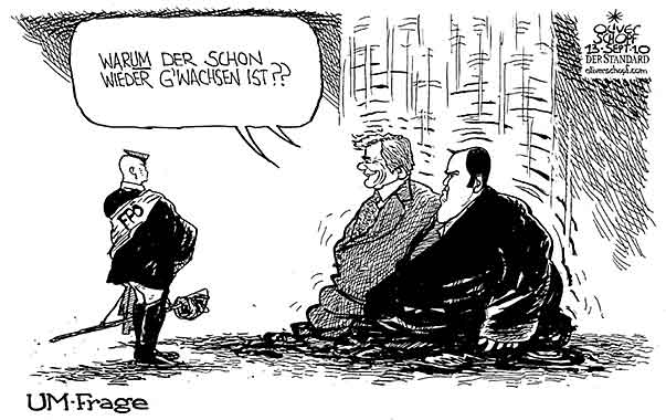 Oliver Schopf, politischer Karikaturist aus Österreich, politische Karikaturen aus Österreich, Karikatur, Illustrationen Politik Politiker Österreich 2010: grosse koalition faymann proell umfrage fpoe schrumpfen