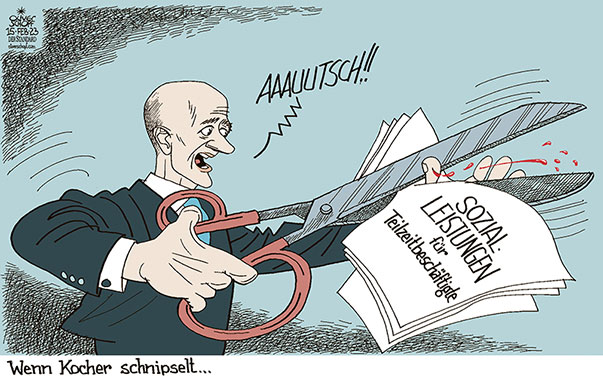 Oliver Schopf, politischer Karikaturist aus Österreich, politische Karikaturen aus Österreich, Karikatur Cartoon Illustrationen Politik Politiker Österreich 2023: REGIERUNG TÜRKIS MARTIN KOCHER ARBEITSMINISTER SOZIALLEISTUNGEN TEILZEITBESCHÄFTIGTE SCHERE BESCHNEIDEN SCHNEIDEN EINSCHNITT SCHNIPSELN BLUT SPRITZEN 






