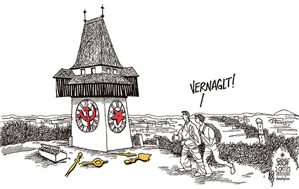 Oliver Schopf, politischer Karikaturist aus Österreich, politische Karikaturen aus Österreich, Karikatur Cartoon Illustrationen Politik Politiker Österreich 2021: GEMEINDERATSWAHLEN  GRAZ SIEGER KPÖ KOMMUNISTEN HAMMER UND SICHEL UHRTURM SIEGRFRIED NAGL ÖVP VERLIERER



