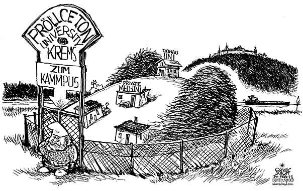 Oliver Schopf, politischer Karikaturist aus Österreich, politische Karikaturen aus Österreich, Karikatur, Illustrationen Politik Politiker Österreich 2011: proell glatze krems medizin universitaet schrebergarten campus