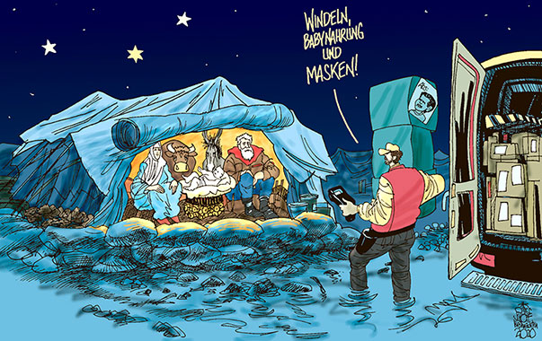 Oliver Schopf, politischer Karikaturist aus Österreich, politische Karikaturen, Illustrationen Archiv politische Karikatur Österreich Regierung Kurz-Kogler  2020   
WEIHNACHTEN HEILIGE FAMILIE KRIPPE JOSEPH MARIA JESUSKIND FLÜCHTLINGE ZELTLAGER MORIA KARA TEPE KINDER GESCHENK GABEN EXPRESS BOTE DHL LIEFERUNG PAKET KINDERBETREUUNG SEBASTIAN KURZ        

