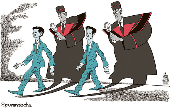  Oliver Schopf, politischer Karikaturist aus Österreich, politische Karikaturen, Illustrationen Archiv politische Karikatur Österreich 2021 JUSTIZ ÖVP WIRTSCHAFTS- UND KORRUPTIONSSTAATSANWALTSCHAFT WKStA SEBASTIAN KURZ GERNOT BLÜMEL CHATS SCHATTEN AUF SCHRITT UND TRITT AN DIE FERSEN HEFTEN SPURENSUCHE AUFKLÄRUNG
