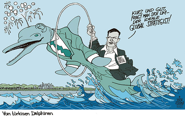 Oliver Schopf, politischer Karikaturist aus Österreich, politische Karikaturen aus Österreich, Karikatur Cartoon Illustrationen Politik Politiker Österreich 2022: SEBASTIAN KURZ UMFRAGE TIER DELPHIN PETER THIEL CAPITAL SPRINGEN REIFEN GLOBAL STRATEGIST


