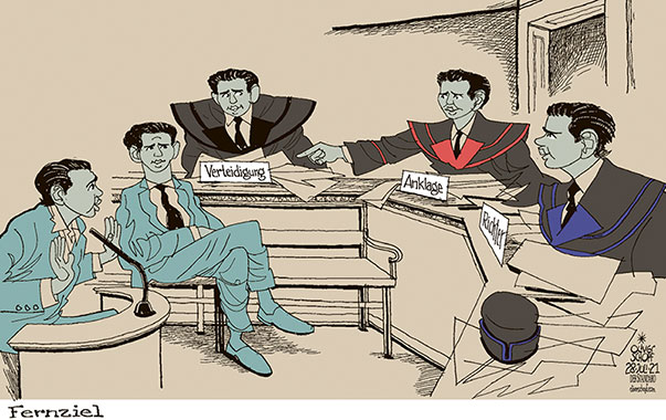  Oliver Schopf, politischer Karikaturist aus Österreich, politische Karikaturen, Illustrationen Archiv politische Karikatur Österreich 2021 BUNDESKANZLER SEBASTIAN KURZ TÜRKIS ÖVP JUSTIZ GERICHT ANKLAGE ANGEKLAGTER RICHTER STAATSANWALT VERTEIDIGER ZEUGE GERICHTSSAAL
