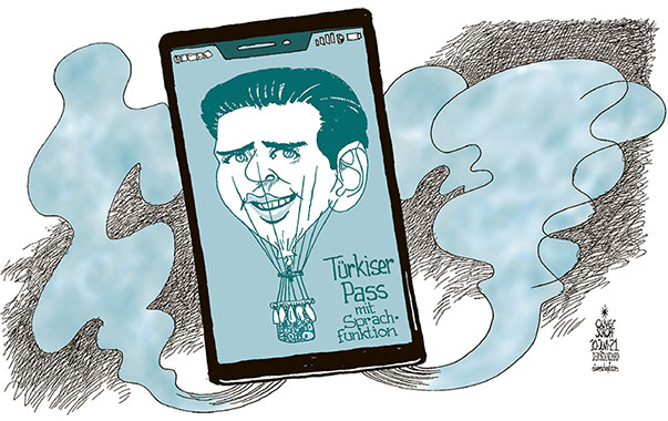 Oliver Schopf, politischer Karikaturist aus Österreich, politische Karikaturen aus Österreich, Karikatur Cartoon Illustrationen Politik Politiker Österreich 2021: CORONAVIRUS KRISE SARS-CoV-2 COVID-19 GRÜNER PASS BUNDESKANZLER KURZ HANDY DIGITAL HEISSE LUFT BALLON SPRACHFUNKTION SPRACHERKENNUNG SIRI PANNEN
