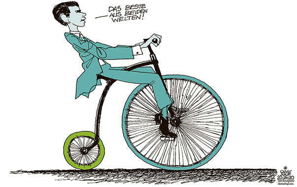 Oliver Schopf, politischer Karikaturist aus Österreich, politische Karikaturen aus Österreich, Karikatur Cartoon Illustrationen Politik Politiker Österreich 2020 : REGIERUNG KOALITION TÜRKIS GRÜN KURZ HOCHRAD DAS BESTE AUS BEIDEN WELTEN  
