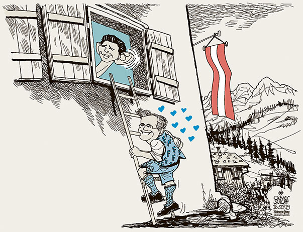 Oliver Schopf, politischer Karikaturist aus Österreich, politische Karikaturen, Illustrationen Cartoon Archiv politische Karikatur Österreich: Nationalratswahl 2019
FPÖ PARTEITAG OBMANN NORBERT HOFER SEBASTIAN KURZ NATIONALRATSWAHL FENSTERLN LIEBE HERZ LEITER KOALITION TÜRKIS BLAU 
