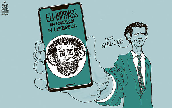 Oliver Schopf, politischer Karikaturist aus Österreich, politische Karikaturen aus Österreich, Karikatur Cartoon Illustrationen Politik Politiker Österreich 2021: CORONAVIRUS KRISE SARS-CoV-2 COVID-19 SEBASTIAN KURZ IMPFPASS GRÜNER PASS QR-CODE HANDY IMPFEN TESTEN TÜRKIS
