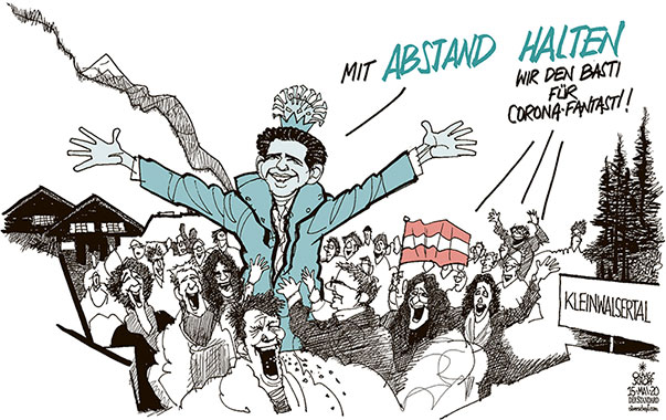 Oliver Schopf, politischer Karikaturist aus Österreich, politische Karikaturen aus Österreich, Karikatur Cartoon Illustrationen Politik Politiker Österreich 2020 : BUNDESKANZLER SEBASTIAN KURZ KLEINWALSERTAL VERANSTALTUNG ABSTAND HALTEN FEIERN JUBEL MENSCHEN BAD IN DER MENGE 
