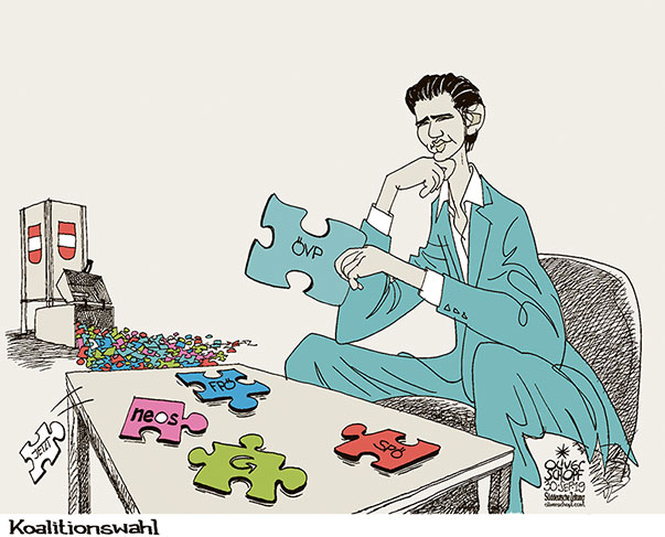  Oliver Schopf, politischer Karikaturist aus Österreich, politische Karikaturen, Illustrationen Archiv politische Karikatur Österreich Regierungsbildung  2019 2020 
NATIONALRATSWAHL SIEGER SEBASTIAN KURZ KOALITION MÖGLICHKEITEN PUZZLE STEINE ÖVP SPÖ FPÖ GRÜNE NEOS JETZT  
