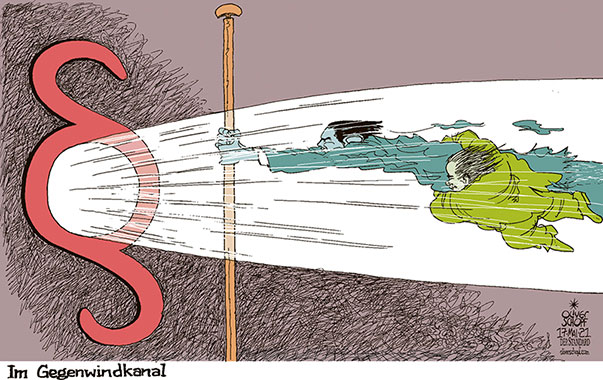 Oliver Schopf, politischer Karikaturist aus Österreich, politische Karikaturen aus Österreich, Karikatur Cartoon Illustrationen Politik Politiker Österreich 2021: REGIERUNG KOALITION TÜRKIS GRÜN SEBASTIAN KURZ WERNER KOGLER JUSTIZ RECHTSSTAAT PARAGRAF WINDKANAL GEGENWIND FAHNENSTANGE 
