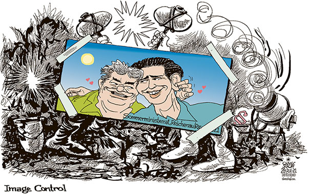 Oliver Schopf, politischer Karikaturist aus Österreich, politische Karikaturen aus Österreich, Karikatur Cartoon Illustrationen Politik Politiker Österreich 2021: REGIERUNG KOALITION ÖVP DIE GRÜNEN TÜRKIS GRÜN SEBASTIAN KURZ WERNER KOGLER IMAGE MESSAGE CONTROL STREIT KÄMPFE STEINZEIT BETON JUSTIZ
