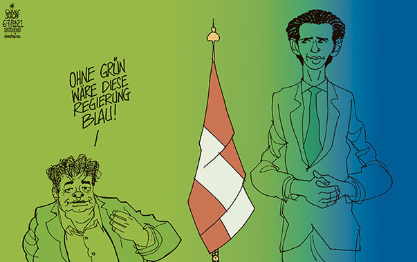Regierung Kurz-Kogler 2020- - Das Abschiebethema lässt das Gebälk in der Koalition krachen. Doch die Grünen unter Werner Kogler verlassen verantwortungsbewusst die Regierung nicht.
</span>
Oliver Schopf, politischer Karikaturist aus Österreich, politische Karikaturen, Illustrationen Archiv politische Karikatur Österreich Regierung Kurz-Kogler 2021
REGIERUNG KOALITION TÜRKIS GRÜN BLAU KURZ KOGLER FARBE VERLAUF KRISE ZWIST