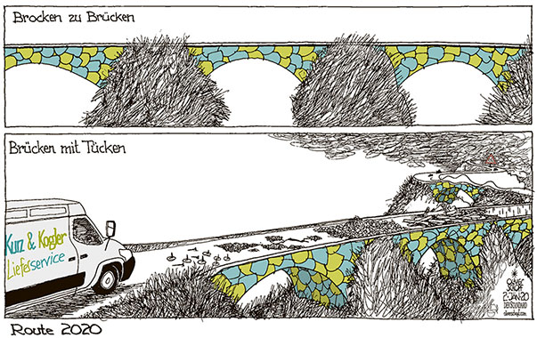 Oliver Schopf, politischer Karikaturist aus Österreich, politische Karikaturen aus Österreich, Karikatur Cartoon Illustrationen Politik Politiker Österreich 2020 : KOALITION ÖVP DIE GRÜNEN KURZ KOGLER REGIERUNGSBILDUNG VERHANDLUNGEN ABSCHLUSS BROCKEN BRÜCKEN TÜCKEN LIEFERWAGEN LIEFERSERVICE KLIMA CO2 STRASSE SCHLAGLÖCHER

