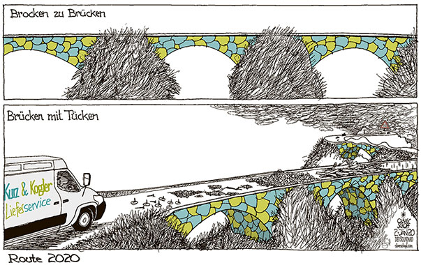  Oliver Schopf, politischer Karikaturist aus Österreich, politische Karikaturen, Illustrationen Archiv politische Karikatur Österreich Regierung Kurz-Kogler  2020   
KOALITION ÖVP DIE GRÜNEN KURZ KOGLER REGIERUNGSBILDUNG VERHANDLUNGEN ABSCHLUSS BROCKEN BRÜCKEN TÜCKEN LIEFERWAGEN LIEFERSERVICE KLIMA CO2 STRASSE SCHLAGLÖCHER      
