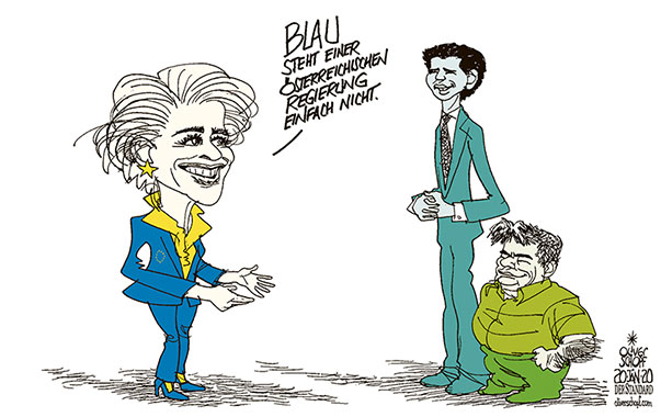 Oliver Schopf, politischer Karikaturist aus Österreich, politische Karikaturen aus Österreich, Karikatur Cartoon Illustrationen Politik Politiker Österreich 2020 : REGIERUNG KOALITION TÜRKIS GRÜN KURZ KOGLER EU URSULA VON DER LEYEN FPÖ BLAU 
