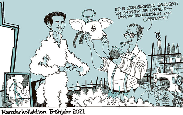 Oliver Schopf, politischer Karikaturist aus Österreich, politische Karikaturen aus Österreich, Karikatur Cartoon Illustrationen Politik Politiker Österreich 2021: regierung koalition sebastian kurz bundeskanzler opferlamm unschuldslamm mode kleidung anzug slim fit kollektion schneider 
