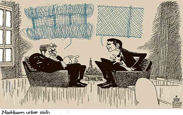  Oliver Schopf, politischer Karikaturist aus Österreich, politische Karikaturen, Illustrationen Archiv politische Karikatur Europa Ungarn
2017  SEBASTIAN KURZ VIKTOR ORBÁN STAATSBESUCH BUNDESKANZLERAMT ZIGARRENKISTL ZAUN MEINUNGSVERSCHIEDENHEITEN BILATERALE  GESPRÄCH NACHBAR






