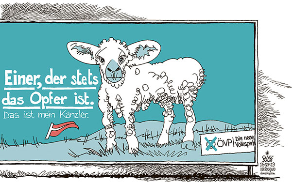  Oliver Schopf, politischer Karikaturist aus Österreich, politische Karikaturen, Illustrationen Cartoon Archiv politische Karikatur Österreich: Nationalratswahl 2019
NATIONALRATSWAHL ÖVP WAHLPLAKATE KURZ OPFERLAMM OPFER OPFERROLLE PLAKATWAND TÜRKIS SCHULDEN HACKER DATEN  
