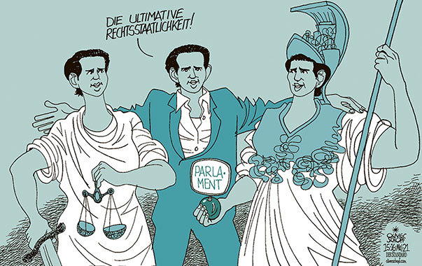  Oliver Schopf, politischer Karikaturist aus Österreich, politische Karikaturen, Illustrationen Archiv politische Karikatur Österreich Justiz 2021 SEBASTIAN KURZ BUNDESKANZLER ÖVP TÜRKIS RECHTSSTAAT JUSTIZ PARLAMENT JUSTITIA PALLAS ATHENE VERFASSUNG WKStA ERMITTLUNGEN FALSCHAUSSAGE ANKLAGE GEWALTENTEILUNG CHATS IBIZA U-AUSSCHUSS 

  