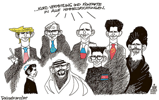 Oliver Schopf, politischer Karikaturist aus Österreich, politische Karikaturen aus Österreich, Karikatur Cartoon Illustrationen Politik Politiker Österreich 2019 : SEBASTIAN KURZ REISE DIPLOMATIE TRUMP CHINA IRAN SAUDI ARABIEN ISRAEL VERMITTLUNG BRÜCKENBAUEN FRISUR MASKIEREN
