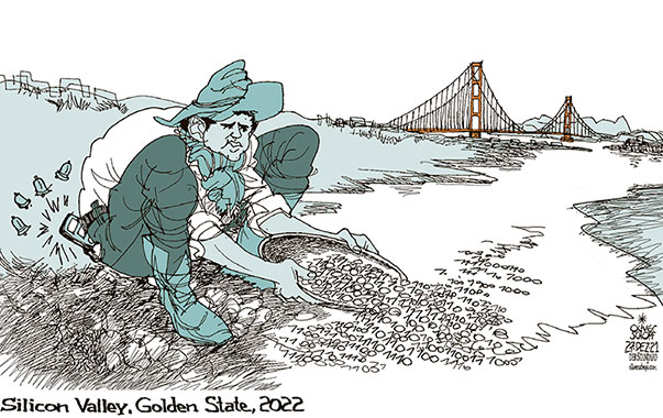 Oliver Schopf, politischer Karikaturist aus Österreich, politische Karikaturen aus Österreich, Karikatur Cartoon Illustrationen Politik Politiker Österreich 2021: SEBASTIAN KURZ ANGEBOT SILICON VALLEY DIGITALFIRMA SAN FRANCISCO CKALIFORNIEN GOLDEN STATE GOLDEN GATE GOLDSUCHER GOLDWASCHEN BINÄRCODE EINS NULL

