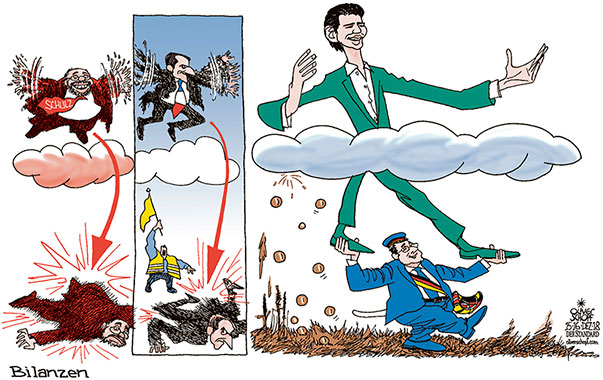 Oliver Schopf, editorial cartoons from Austria, cartoonist from Austria, Austrian illustrations, illustrator from Austria, editorial cartoon politics politician Austria 2018 COALITION SEBASTIAN KURZ STRACHE PEOPLE’S PARTY FREEDOM PARTY STRACHE FAR RIGHT HYPE HIGH-FLYER CLOUD MARTIN SCHULZ EMMANUEL MACRON YELLOW VESTS 



