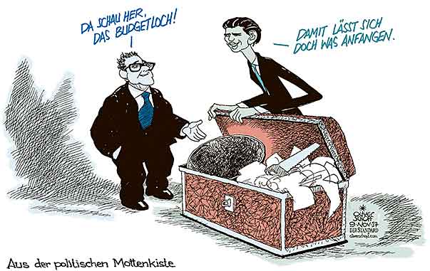  Oliver Schopf, politischer Karikaturist aus Österreich, politische Karikaturen, Illustrationen Archiv politische Karikatur Österreich Regierungsbildung  2017 
Koalitionsverhandlungen SEBASTIAN KURZ HC STRACHE KOALITION VERHANDLUNGEN ÖVP FPÖ BUDGET BUDGETLOCH MOTTENKISTE 
