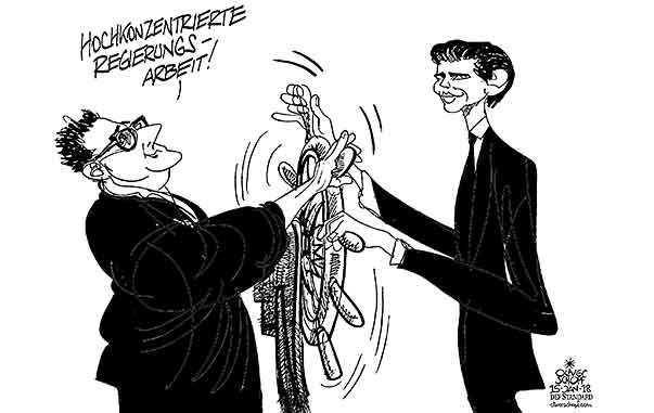 Oliver Schopf, politischer Karikaturist aus Österreich, politische Karikaturen aus Österreich, Karikatur Cartoon Illustrationen Politik Politiker Österreich 2018 : REGIERUNG ÖVP FPÖ SEBASTIAN KURZ HC STRACHE STEUERRAD LENKEN KONZENTRIERT GEGENÜBER
