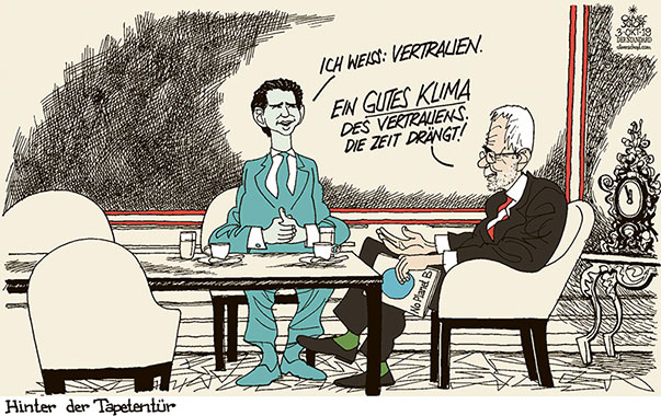  Oliver Schopf, politischer Karikaturist aus Österreich, politische Karikaturen, Illustrationen Archiv politische Karikatur Österreich Regierungsbildung  2019 2020 
NATIONALRATSWAHLEN GESPRÄCHE BUNDESPRÄSIDENT VAN DER BELLEN SEBASTIAN KURZ HOFBURG TAPETENTÜR KLIMA   
