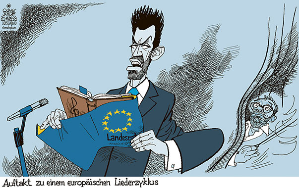 Oliver Schopf, politischer Karikaturist aus Österreich, politische Karikaturen aus Österreich, Karikatur Cartoon Illustrationen Politik Politiker Österreich 2023: NIEDERÖSTERREICH FPÖ UDO LANDBAUER EU LANDESRAT AGENDA LIEDERBUCH BUCHUMSCHLAG KICKL DIRIGENT AUFTAKT LIEDERZYKLUS MUSIK 





