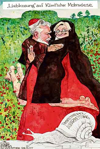 Oliver Schopf, politischer Karikaturist aus Österreich, politische Karikaturen aus Österreich, Karikatur, Illustrationen Politik Politiker Österreich 2010: rudolf leopold, claudia schmied provenienz schiele klimt kardinal nonne liebkosung mohnwiese
