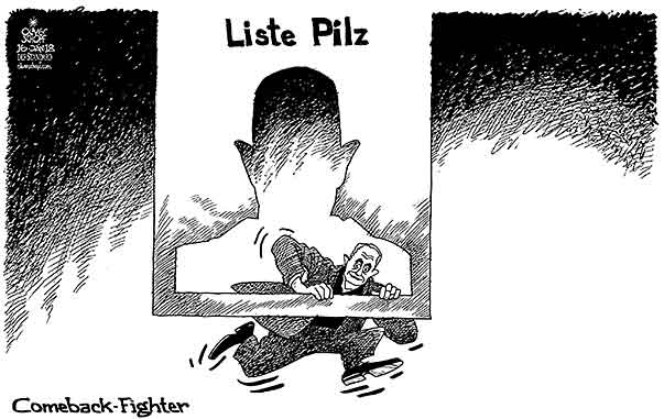 Oliver Schopf, politischer Karikaturist aus Österreich, politische Karikaturen aus Österreich, Karikatur Cartoon Illustrationen Politik Politiker Österreich 2018 : LISTE PETER PILZ RÜCKKEHR ABGEORDNETER COMEBACK SCHRUMPFEN KLEIN


