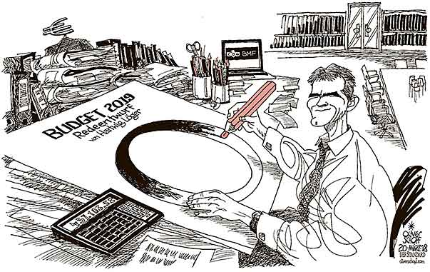 Oliver Schopf, politischer Karikaturist aus Österreich, politische Karikaturen aus Österreich, Karikatur Cartoon Illustrationen Politik Politiker Österreich 2018 : BUDGET REDE FINANZMINISTER HARTWIG LÖGER SCHWARZE NULL NULLDEFIZIT ROTSTIFT MALEN 


