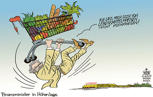 Oliver Schopf, politischer Karikaturist aus Österreich, politische Karikaturen aus Österreich, Karikatur Cartoon Illustrationen Politik Politiker Österreich Cartoon Movement, @oliverschopf.bsky.social 2025: REGIERUNG KOALITION ÖVP SPÖ NEOS FINANZMINISTER MARKUS MARTERBAUER LEBENSMITTELPREISE INFLATION SUPERMARKT EINKAUFSWAGEN GEMÜSE OBST HÖHENLAGE HOHE PREISE FLIEGEN 


























