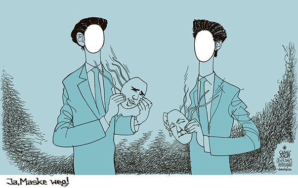 Oliver Schopf, politischer Karikaturist aus Österreich, politische Karikaturen, Illustrationen Archiv politische Karikatur Österreich 2021 BUNDESKANZLER SEBASTIAN KURZ FINANZMINISTER GERNOT BLÜMEL MASKENPFLICHT AUFHEBUNG GESICHT GESICHTSVERLUST MASKE TÜRKIS
