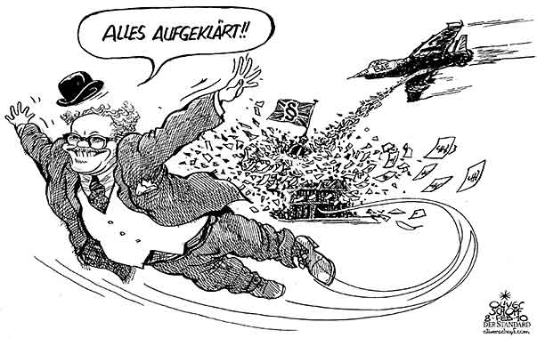 Oliver Schopf, politischer Karikaturist aus Österreich, politische Karikaturen aus Österreich, Karikatur, Illustrationen Politik Politiker Österreich 2010: BAE systems alfons mensdorff-pouilly kampfjet fliegen geldscheine weiße weste aufklaeren