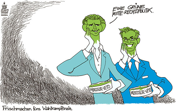  Oliver Schopf, politischer Karikaturist aus Österreich, politische Karikaturen, Illustrationen Cartoon Archiv politische Karikatur Österreich: Nationalratswahl 2019
PARLAMENT ABSTIMMUNG EU MERCOSUR FREIHANDELSABKOMMEN ÖVP FPÖ KURZ HOFER GRÜNER ANSTRICH WAHLKAMPF CREME SCHMINKE KOSMETIK UMWELTPOLITIK 
