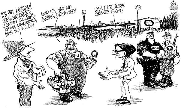 Oliver Schopf, politischer Karikaturist aus Österreich, politische Karikaturen aus Österreich, Karikatur Cartoon Illustrationen Politik Politiker Österreich 2015 : FLÜCHTLINGE NICKELSDORF UNGARN MIKL LEITNER GRENZE DICHT DICHTER DICHTUNGEN INSTALLATEUR FREIWILLIGE HELFER POLIZEI ROTES KREUZ


