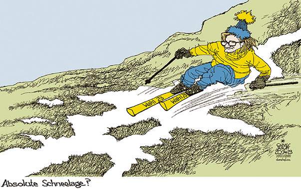 Oliver Schopf, politischer Karikaturist aus Österreich, politische Karikaturen aus Österreich, Karikatur Cartoon Illustrationen Politik Politiker Österreich 2023: NIEDERÖSTERREICH WAHL MIKL-LEITNER ABSOLUTE MEHRHEIT SCHNEE SCHNEELAGE SKIFAHREN SKIPISTE APER WINTER WARM