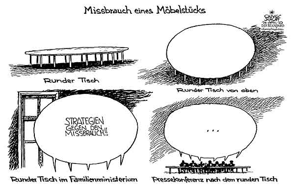 Oliver Schopf, politischer Karikaturist aus Österreich, politische Karikaturen aus Österreich, Karikatur, Illustrationen Politik Politiker Österreich 2010: missbrauch runder tisch sprechblase familienministerium moebel