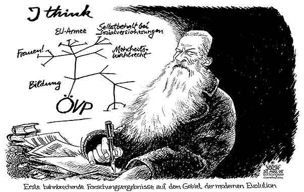 Oliver Schopf, politischer Karikaturist aus Österreich, politische Karikaturen aus Österreich, Karikatur Cartoon Illustrationen Politik Politiker Österreich 2015 OEVP REINHOLD MITTERLEHNER PARTEIPROGRAMM EVOLUTION CHARLES DARWIN URSPRUNG DER ARTEN EU-ARMEE SELBSTBEHALT SOZIALVERSICHERUNG MEHRHEITSWAHLRECHT

