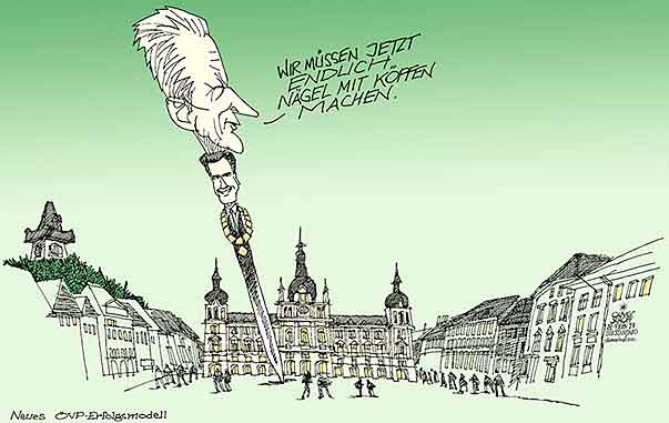  Oliver Schopf, politischer Karikaturist aus Österreich, politische Karikaturen, Illustrationen Archiv politische Karikatur Österreich: Landeshauptleute Steiermark 2017: ÖVP MITTERLEHNER SIEGFRIED NAGL BÜRGERMEISTER GRAZ RATHAUS KÖPFE MIT NÄGEL MACHEN UHRTURM


