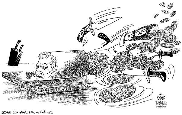 Oliver Schopf, politischer Karikaturist aus Österreich, politische Karikaturen aus Österreich, Karikatur Cartoon Illustrationen Politik Politiker Österreich 2016 : ÖVP PARTEIOBMANN DISKUSSION REINHOLD MITTERLEHNER MESSER JAGDMESSER BÜNDE WURST BRETTLJAUSE BUFFET SCHEIBEN SCHNEIDEN SALAMITAKTIK 







