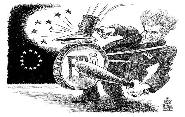  Oliver Schopf, politischer Karikaturist aus Österreich, politische Karikaturen, Illustrationen Archiv politische Karikatur Österreich: Parteien FPÖ 2014 EU EUROPAWAHL FPOE ANDREAS MOELZER NEGERKONGLOMERAT DRITTES REICH KRAWALL TROMMEL HOLZHAMMER KEULE
