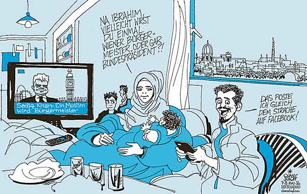  Oliver Schopf, politischer Karikaturist aus Österreich, politische Karikaturen, Illustrationen Archiv politische Karikatur Asylrecht Migration in Österreich  2016 BÜRGERMEISTER SADIQ KHAN LONDON MUSLIM WIEN BUNDESPRÄSIDENT FPÖ STRACHE





