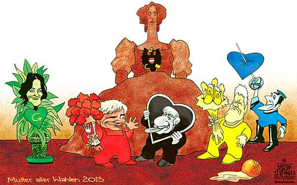 Oliver Schopf, politischer Karikaturist aus Österreich, politische Karikaturen aus Österreich, Karikatur, Illustrationen Politik Politiker Österreich  2013 NATIONALRATSWAHLEN FAYMANN SPINDELEGGER STRACHE STRONACH GLAWISCHNIG WAHLKAMPF MUTTERTAG


