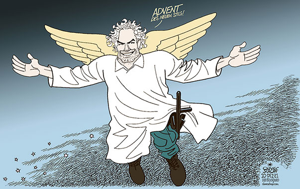 Oliver Schopf, politischer Karikaturist aus Österreich, politische Karikaturen aus Österreich, Karikatur Cartoon Illustrationen Politik Politiker Österreich 2021: REGIERUNG KOALITION ÖVP DIE GRÜNEN BUNDESKANZLER KARL NEHAMMER NEUER STIL ADVENT ENGEL FRIEDEN EX-INNENMINISTER POLIZEI 
